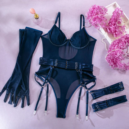 Kinky Cloth Blue / S Mesh Bodysuit with Gloves