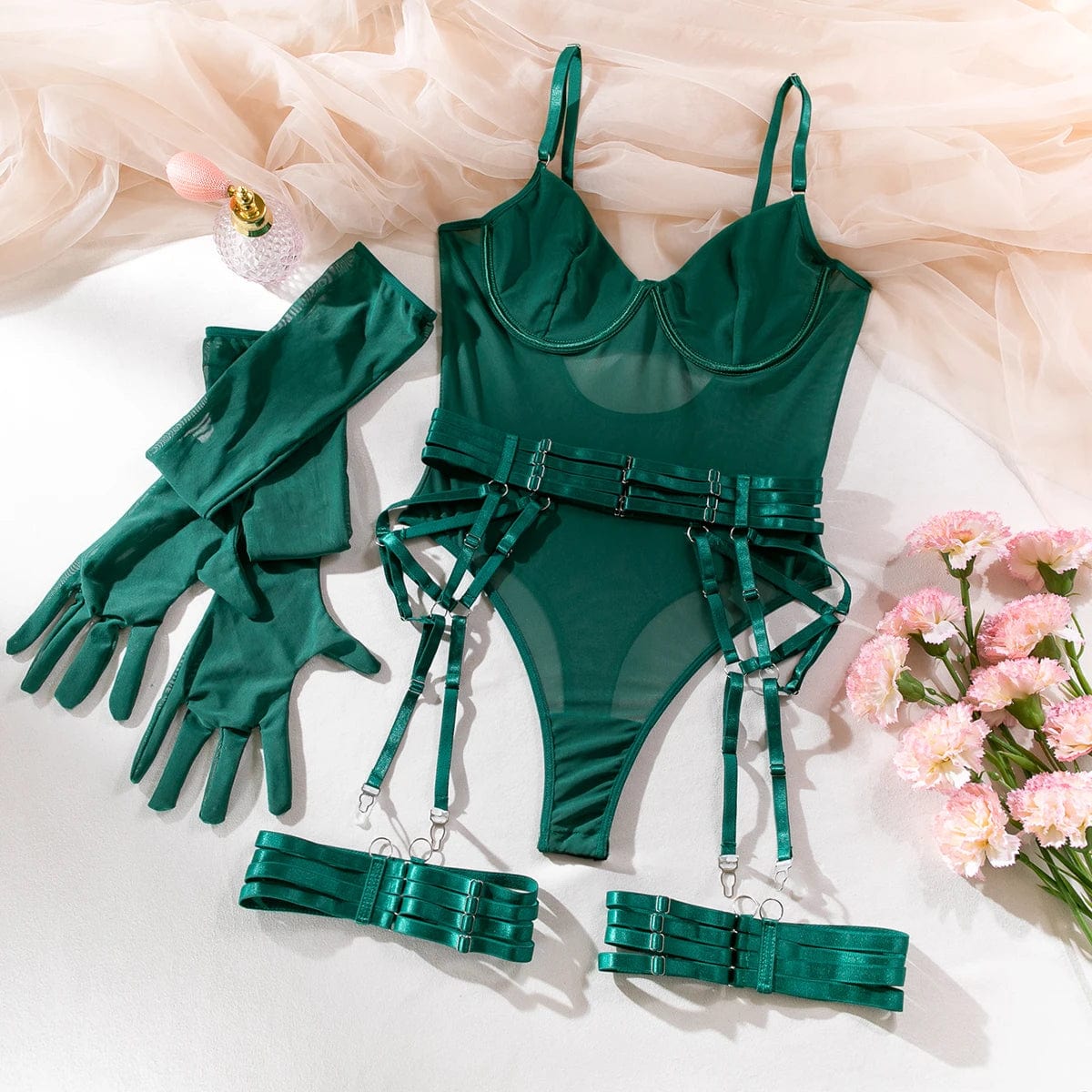 Kinky Cloth green / S Mesh Bodysuit with Gloves