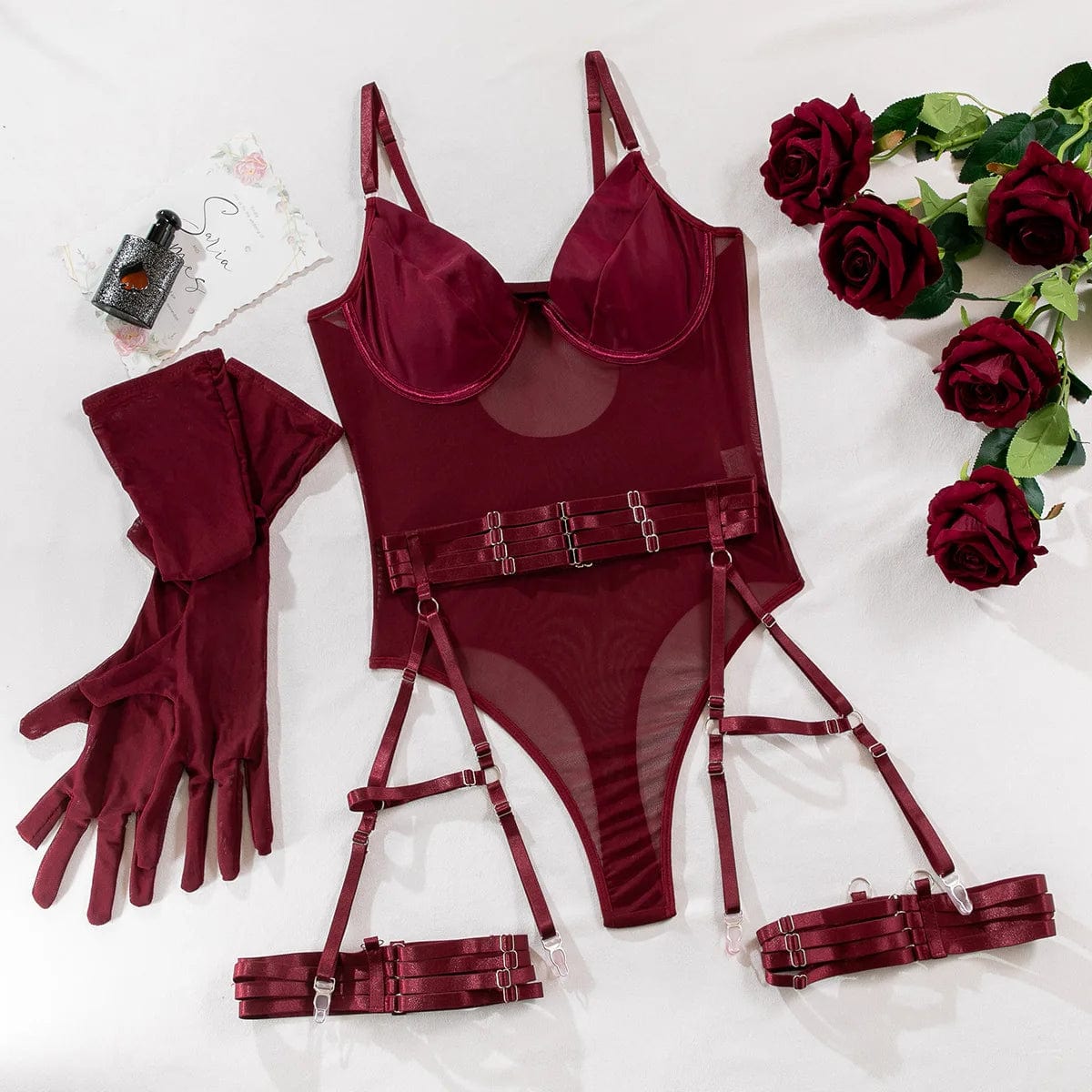 Kinky Cloth wine red / S Mesh Bodysuit with Gloves