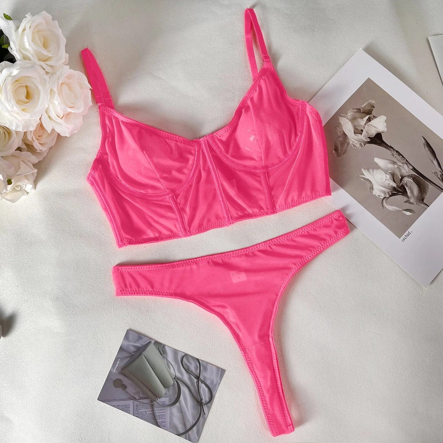 Kinky Cloth Neon Pink / S Mesh Bra Set