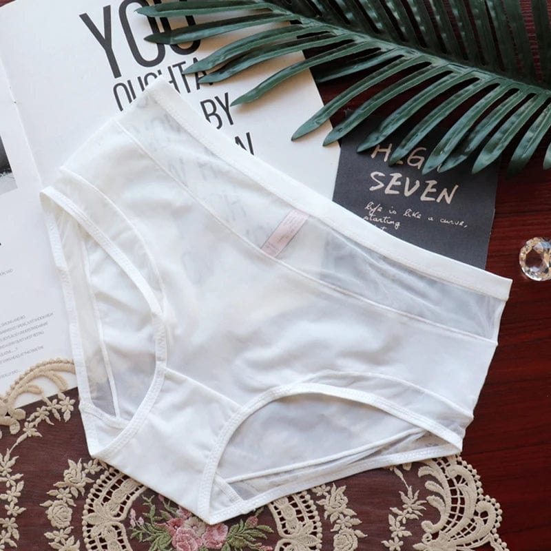 Kinky Cloth White / M / 1pc Mesh Satin Mid-waist Panties