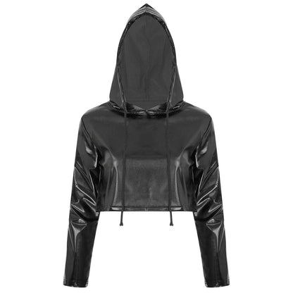 Kinky Cloth Black / XXL Metallic Drawstring Hoodie Crop Top