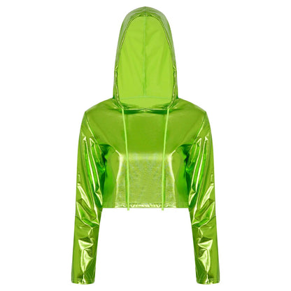 Kinky Cloth Green / XL Metallic Drawstring Hoodie Crop Top