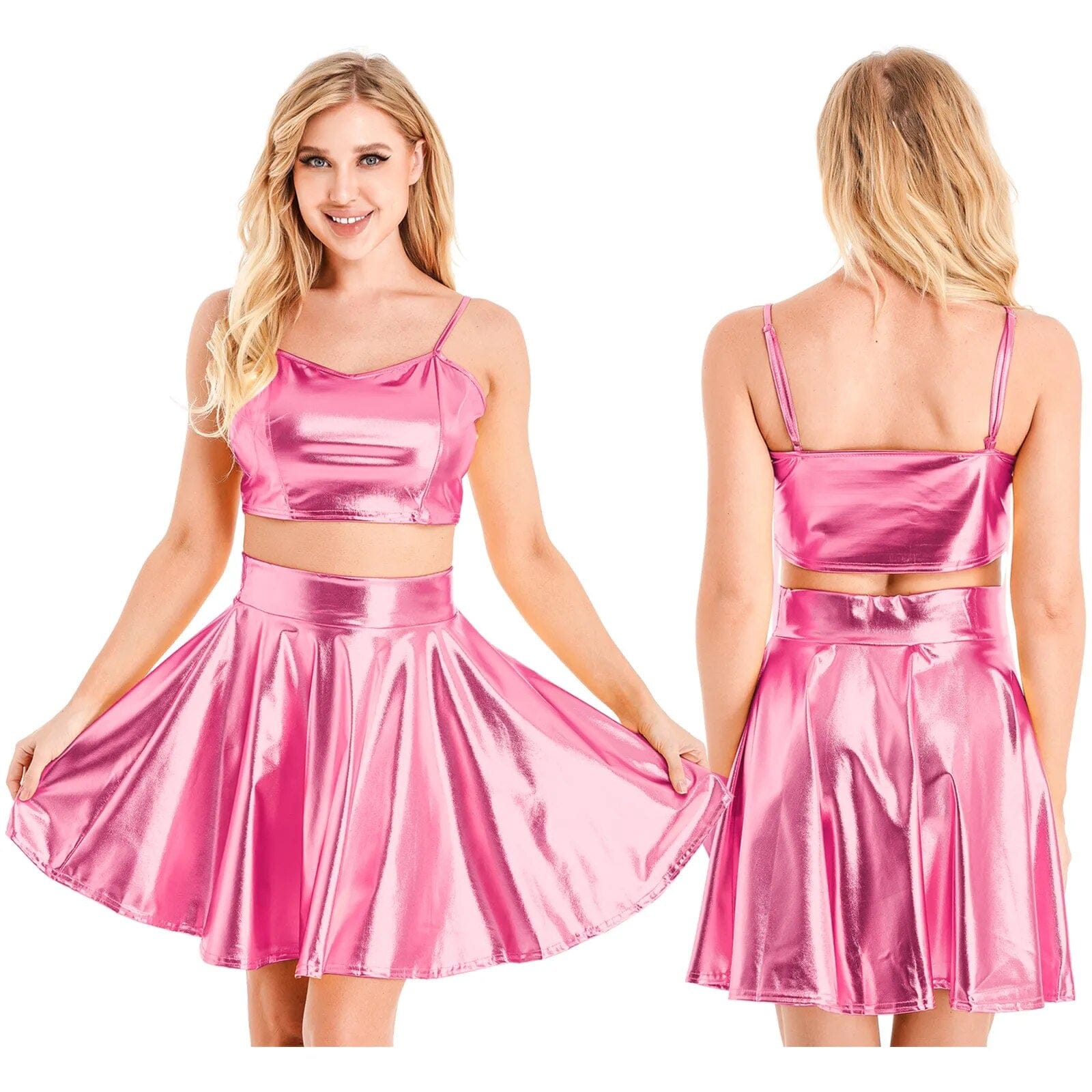 Kinky Cloth Pink A / S Metallic Shiny Camisole Skirt Sets