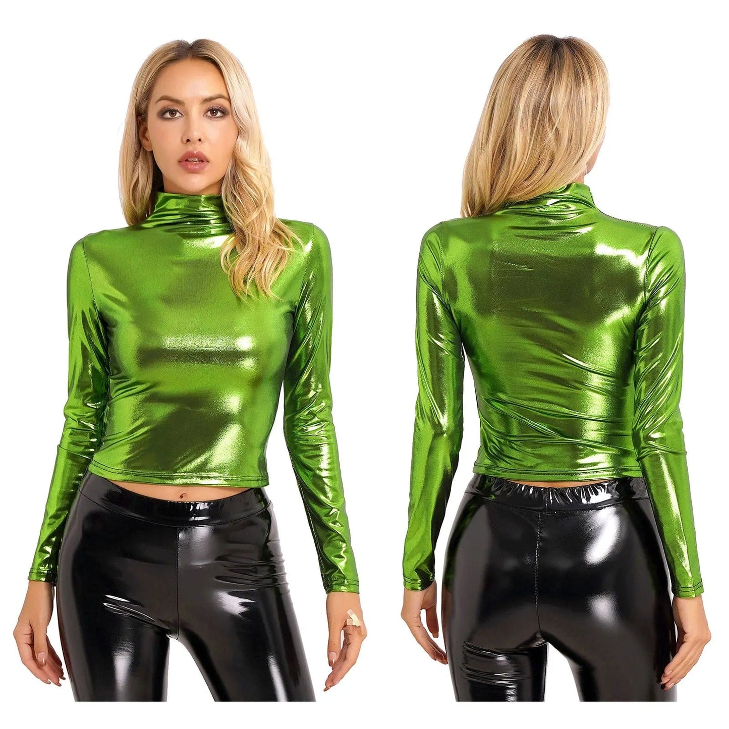 Kinky Cloth Green / S Metallic Shiny Long Sleeve Top