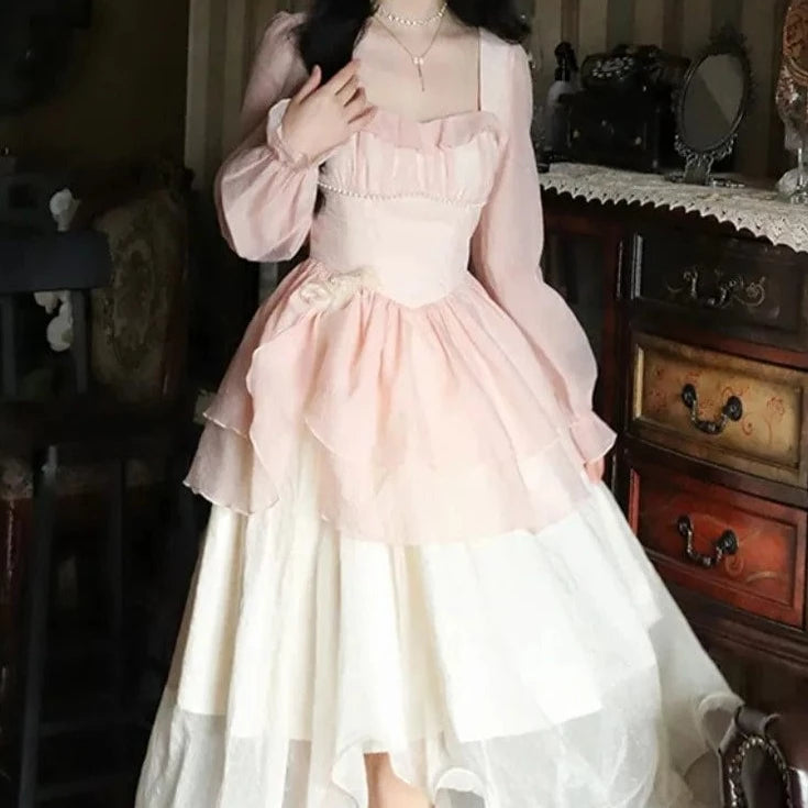 Kinky Cloth Pink / S Midi Long Sleeve Fairy Dress