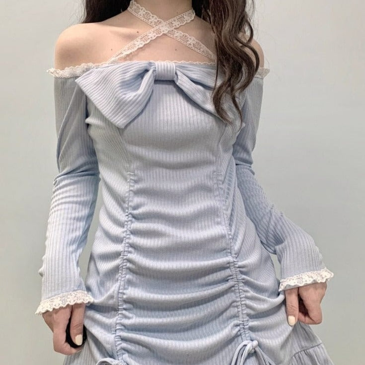 Kinky Cloth Blue / S Off Shoulder Drawstring Mini Dress
