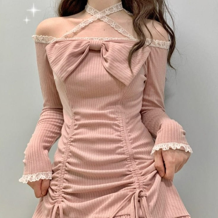 Kinky Cloth Pink / S Off Shoulder Drawstring Mini Dress