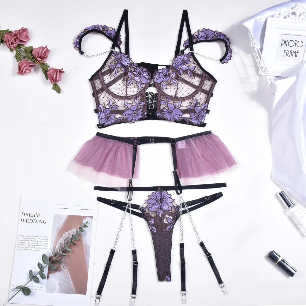 Kinky Cloth Purple / L Off-Shoulder Floral Embroidery Lingerie Set