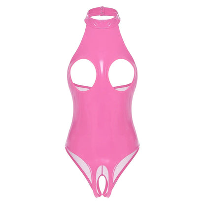 Kinky Cloth Pink / S Open Bust Patent Leather Bodysuit