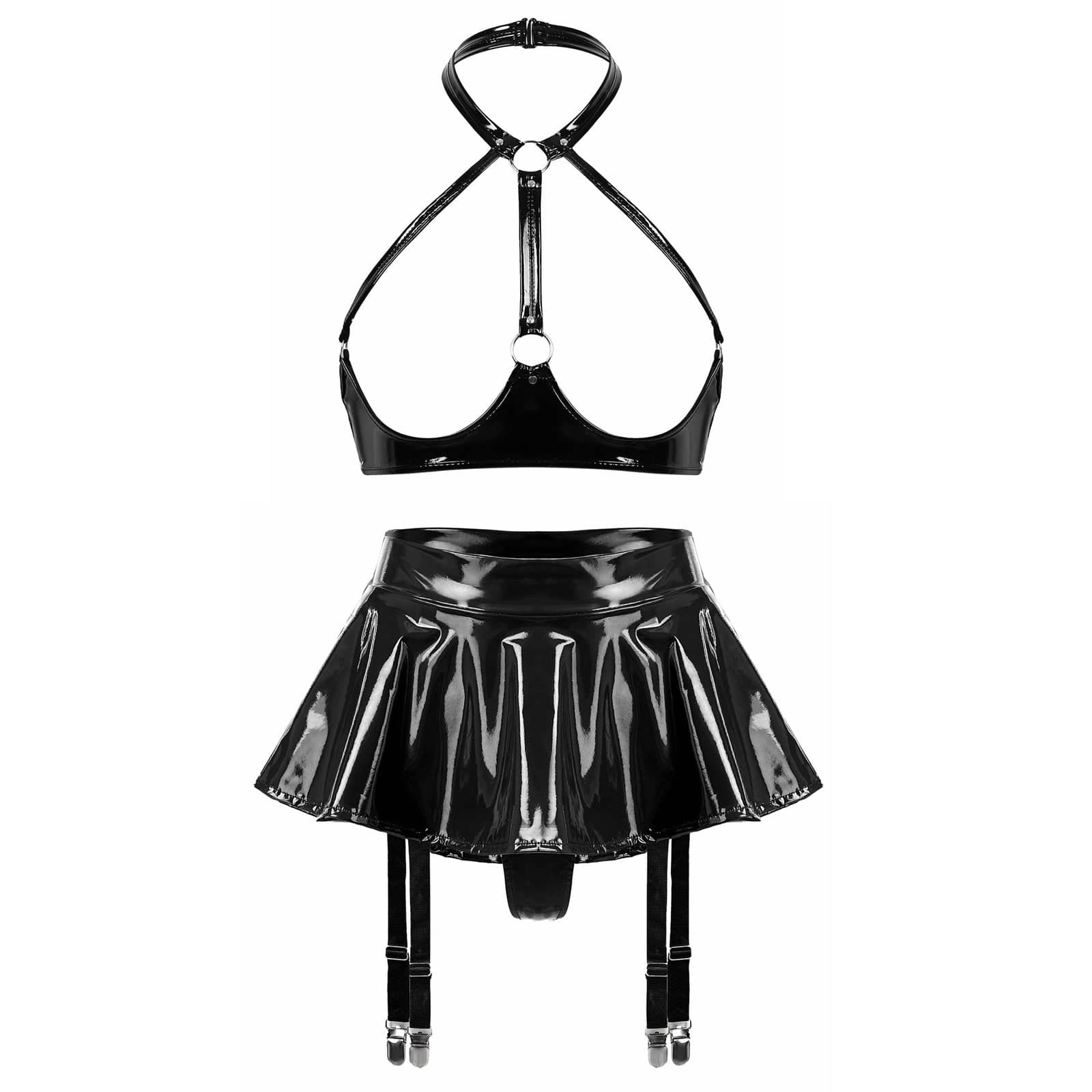 Kinky Cloth A Black / S Open Cup Bra with Skirt Set