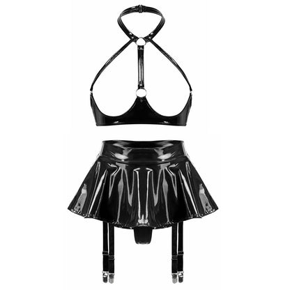 Kinky Cloth A Black / S Open Cup Bra with Skirt Set