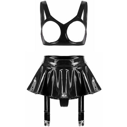 Kinky Cloth B Black / S Open Cup Bra with Skirt Set