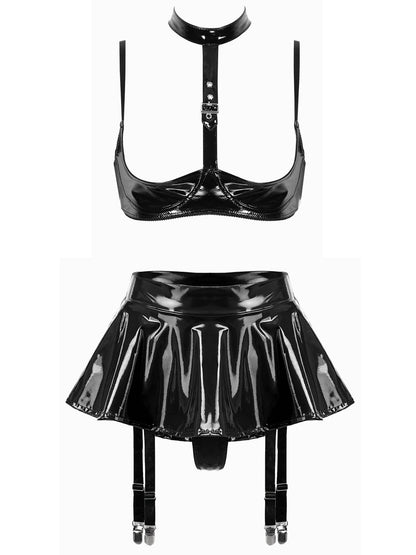 Kinky Cloth D Black / S Open Cup Bra with Skirt Set