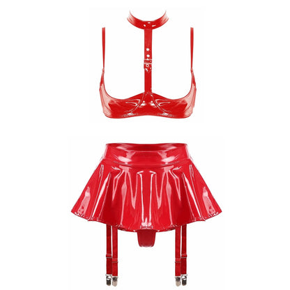 Kinky Cloth D Red / S Open Cup Bra with Skirt Set