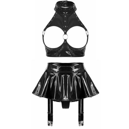 Kinky Cloth E Black / S Open Cup Bra with Skirt Set