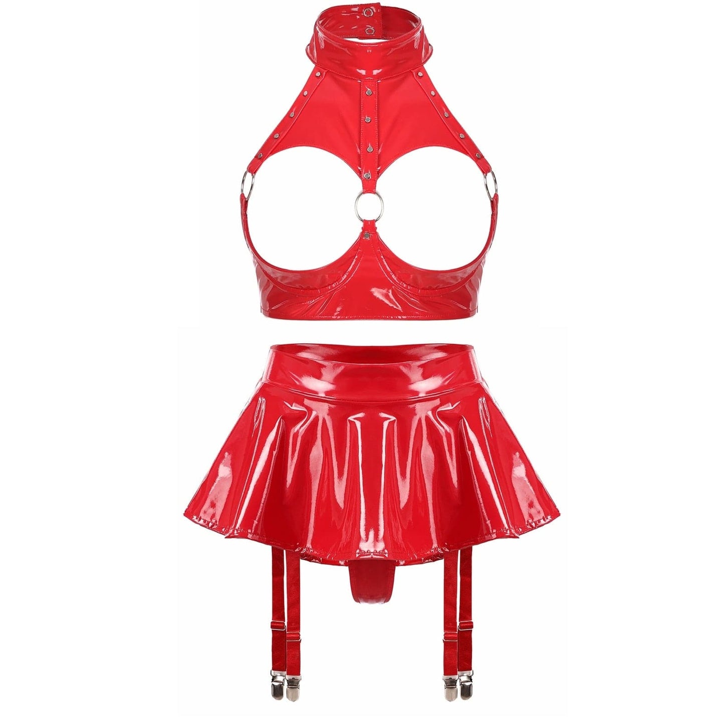 Kinky Cloth E Red / S Open Cup Bra with Skirt Set