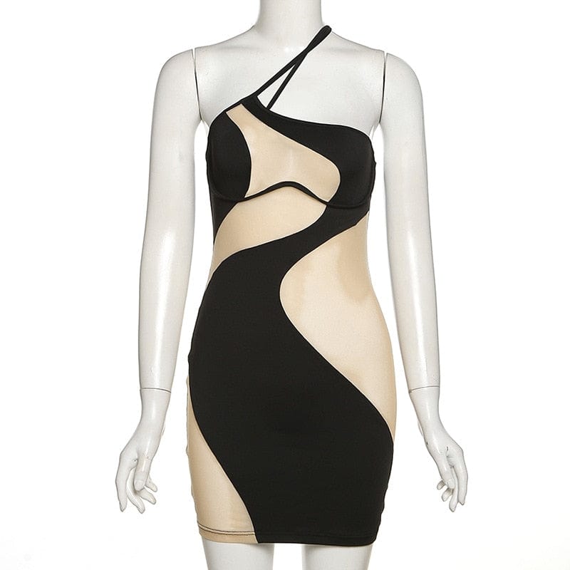 Kinky Cloth Paneled Slanted Shoulder Sheer Dress