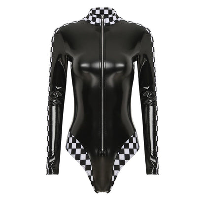 Kinky Cloth Patent Leather Plaid Racer Bodysuit