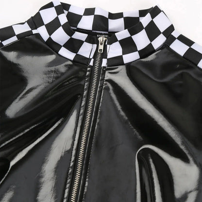 Kinky Cloth Patent Leather Plaid Racer Bodysuit
