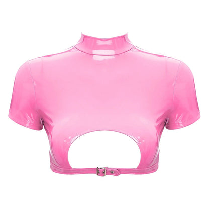 Kinky Cloth Pink / S Patent Leather Turtleneck Crop Top