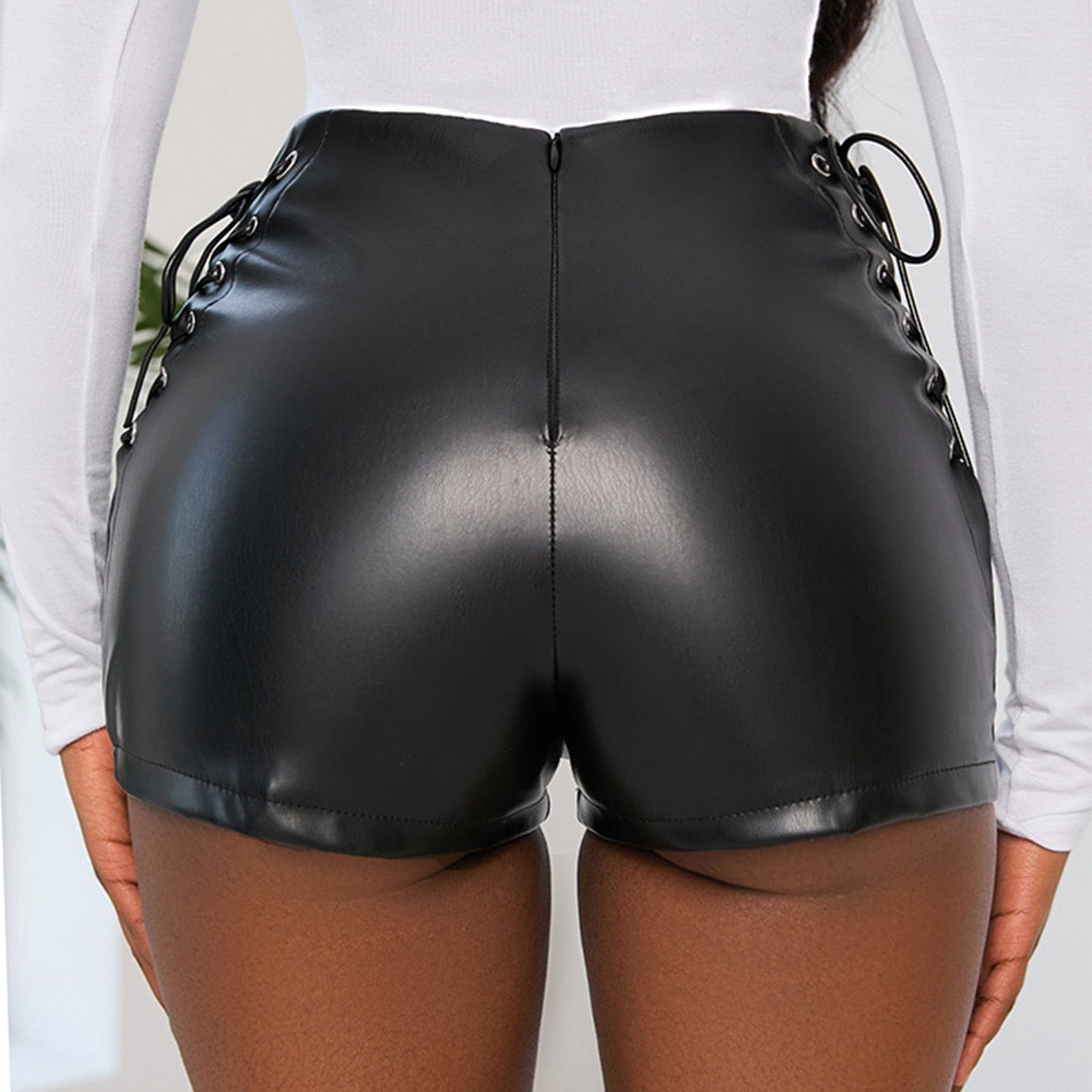 Kinky Cloth PU Leather Sides Lace-Up Shorts