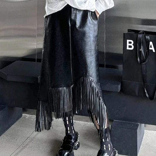 Kinky Cloth Black / M Pu Leather Tassels Half-body Skirt