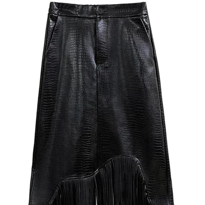 Kinky Cloth Pu Leather Tassels Half-body Skirt