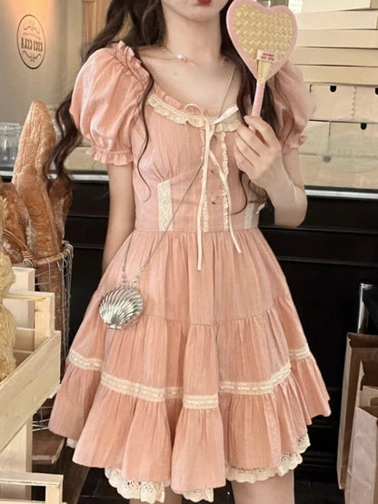 Kinky Cloth Puff Sleeve Pink Mini Dress