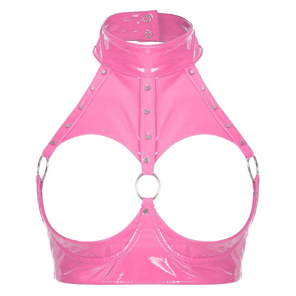 Kinky Cloth Hot Pink / AA Rivet O Ring Open Cup Bra