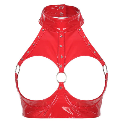 Kinky Cloth Red / AA Rivet O Ring Open Cup Bra