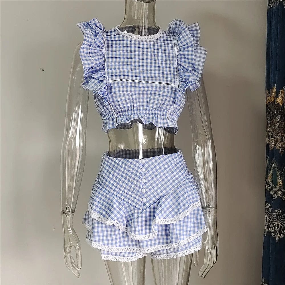 Kinky Cloth Blue grid / S Ruffled Crop Top & Shorts Skirt