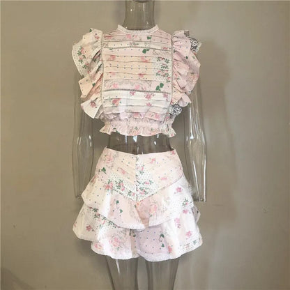 Kinky Cloth Mix Pink / S Ruffled Crop Top & Shorts Skirt