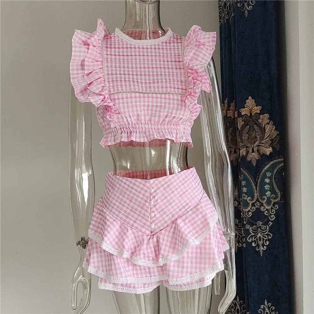 Kinky Cloth Pink grid / S Ruffled Crop Top & Shorts Skirt
