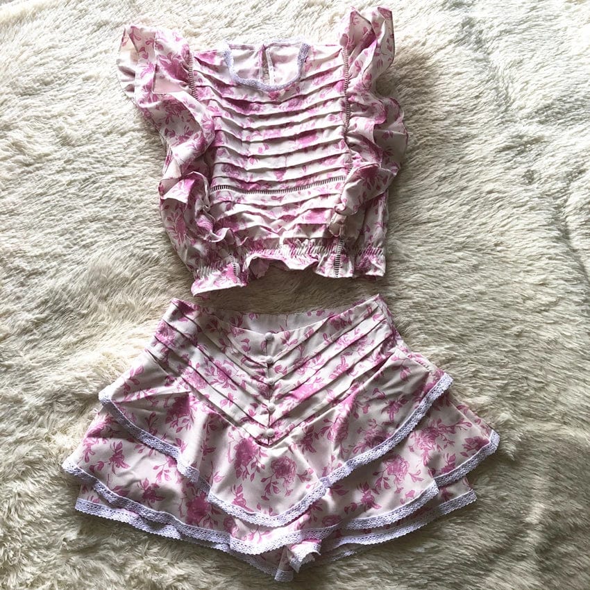 Kinky Cloth Pink / S Ruffled Crop Top & Shorts Skirt