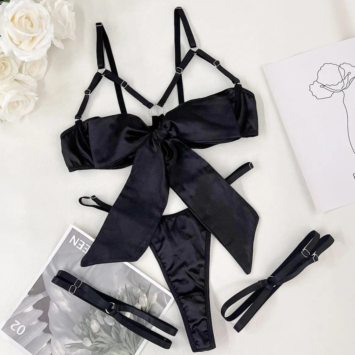 Kinky Cloth Black / S Satin Cut Out Bow Lingerie Set