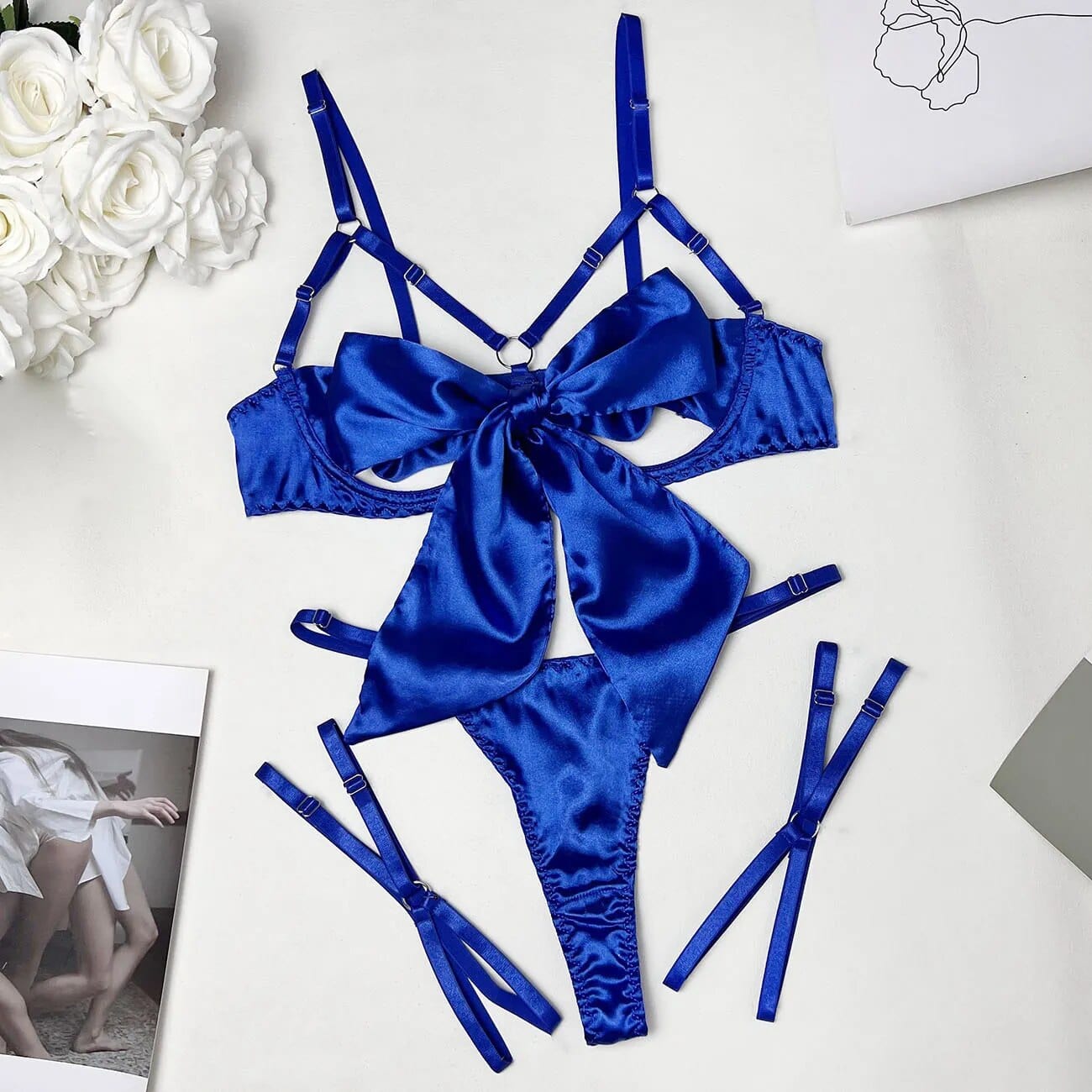 Kinky Cloth Blue / S Satin Cut Out Bow Lingerie Set