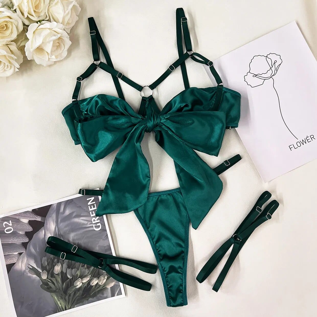 Kinky Cloth Green / S Satin Cut Out Bow Lingerie Set