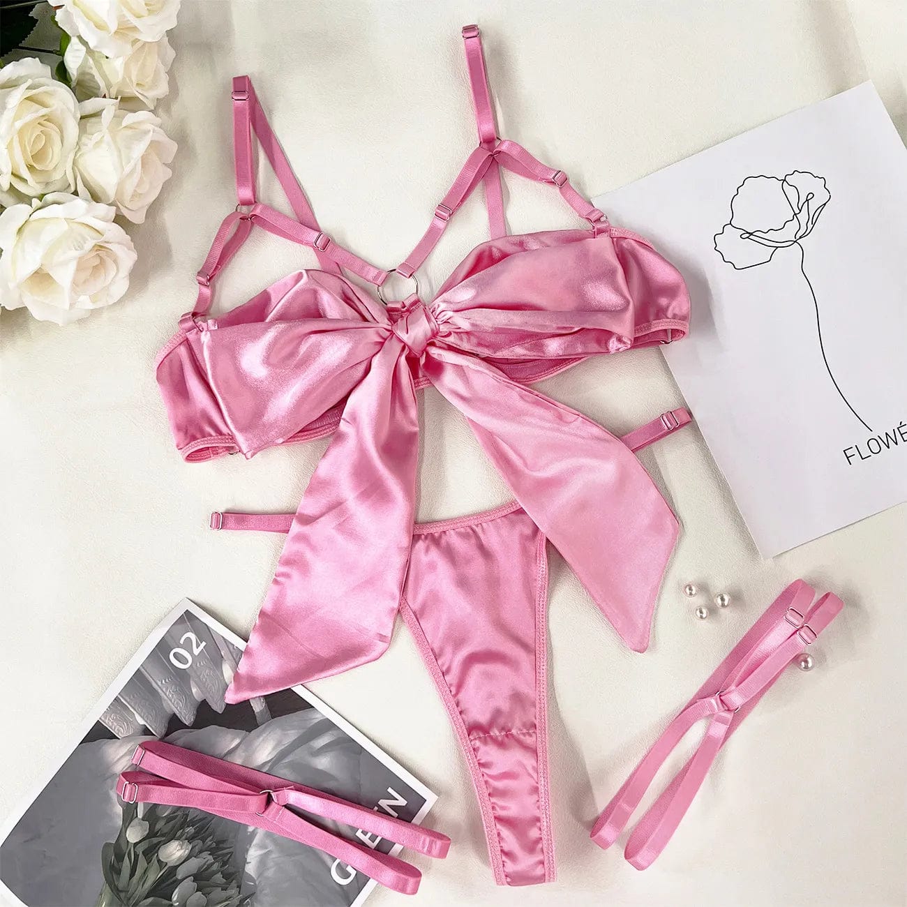 Kinky Cloth Pink / S Satin Cut Out Bow Lingerie Set