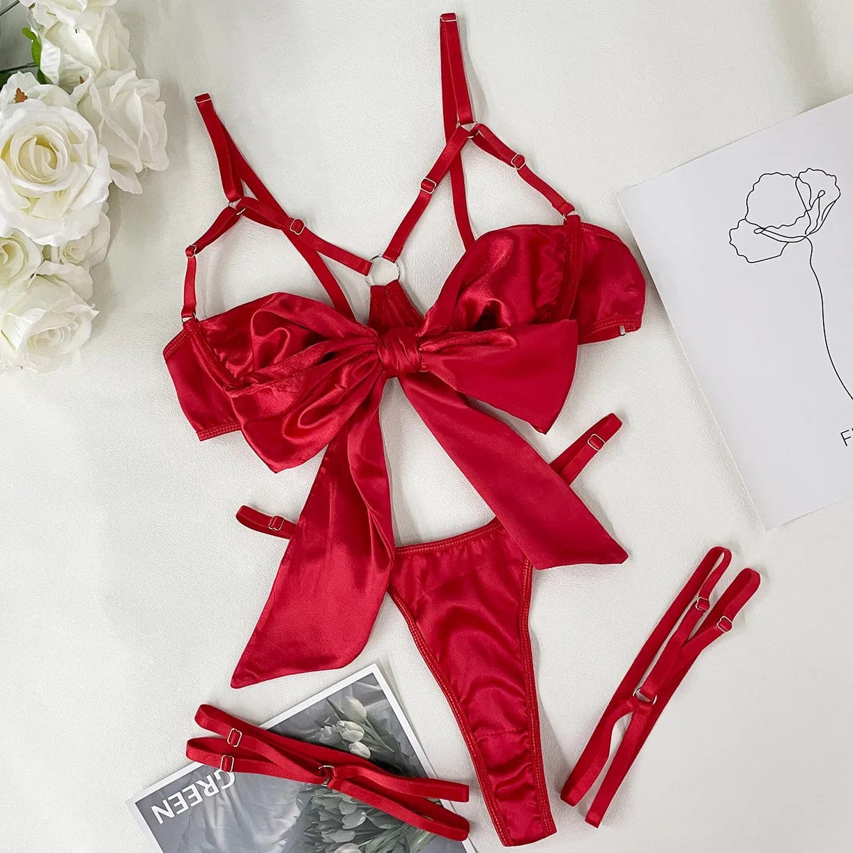 Kinky Cloth Red / S Satin Cut Out Bow Lingerie Set