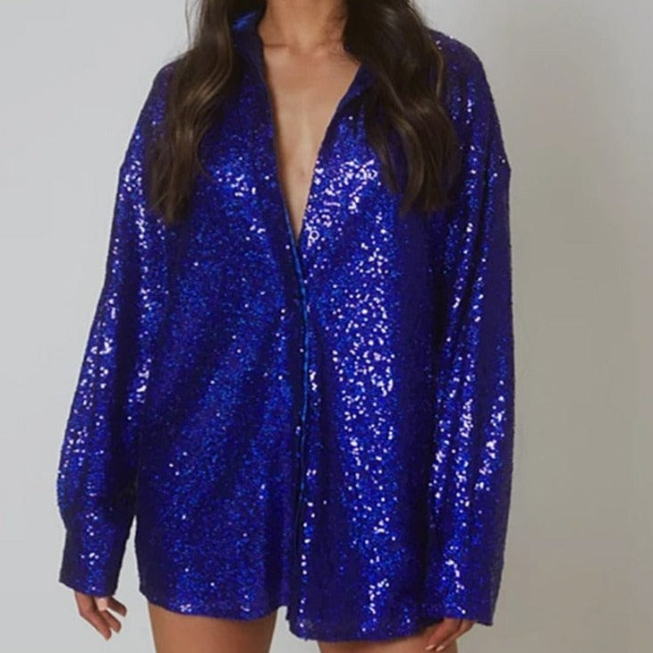 Kinky Cloth Blue / S Sequins Button Up Shiny Top