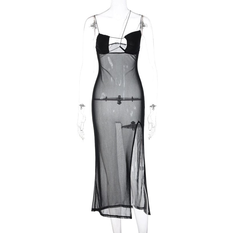 Kinky Cloth Sheer Backless Slit Maxi Dress