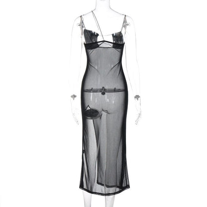 Kinky Cloth Sheer Backless Slit Maxi Dress