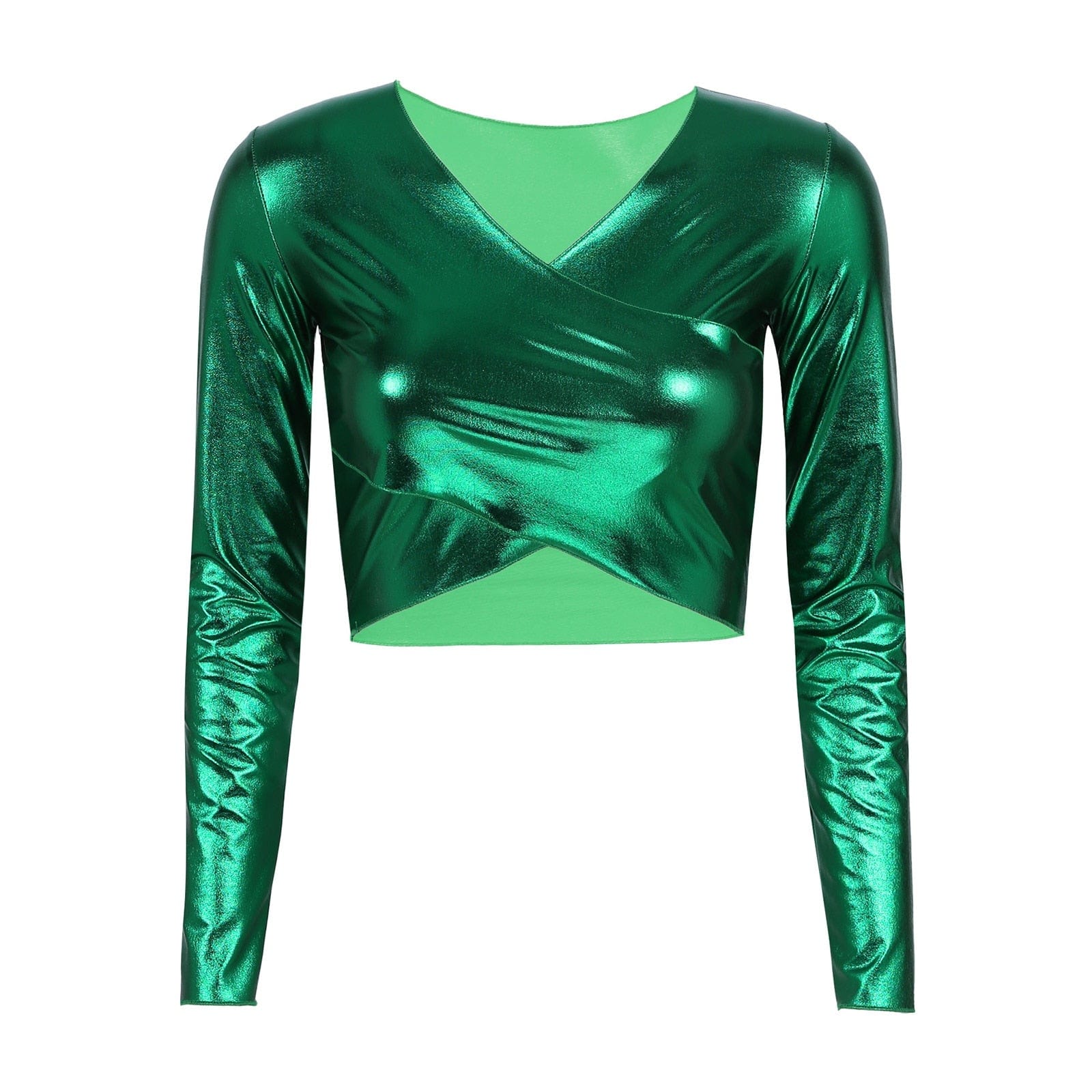 Kinky Cloth Green / S Shiny Cross Wrap Crop Top