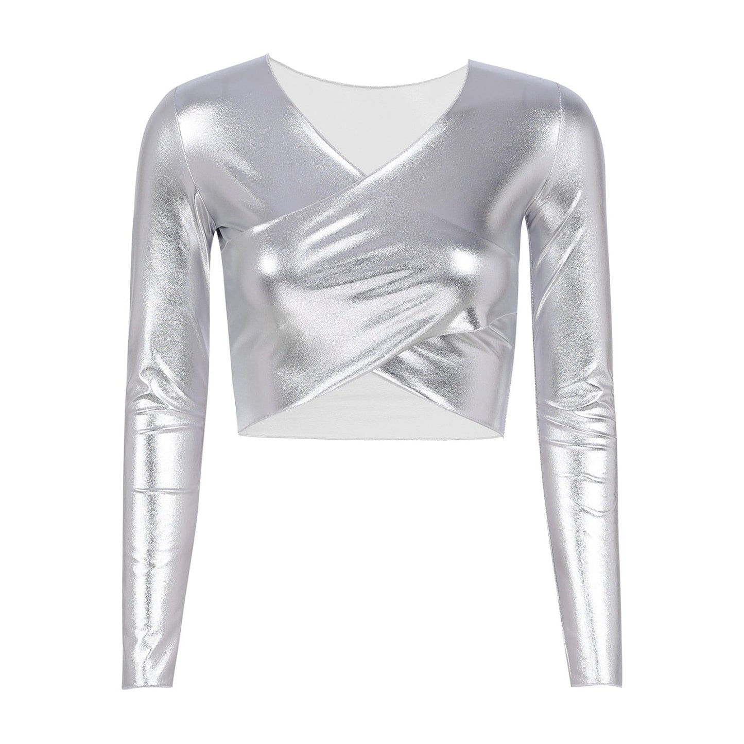 Kinky Cloth Silver / S Shiny Cross Wrap Crop Top