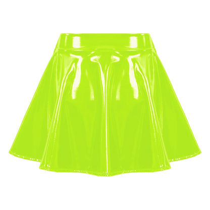 Kinky Cloth Fluorescent Green / S Shiny Leather Flared Miniskirt