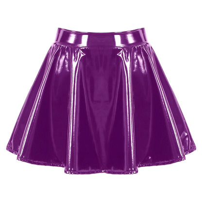 Kinky Cloth Purple / S Shiny Leather Flared Miniskirt