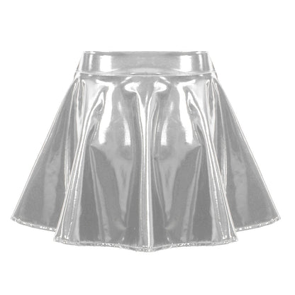 Kinky Cloth Silver / S Shiny Leather Flared Miniskirt