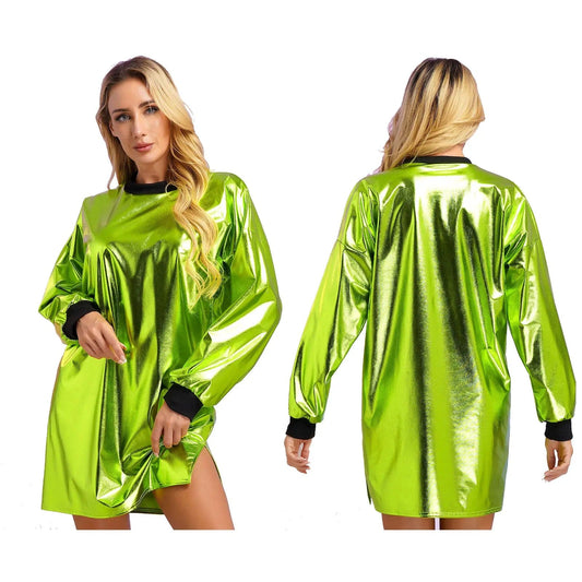 Kinky Cloth Green / XXL Shiny Rib Trims T-Shirt Dress