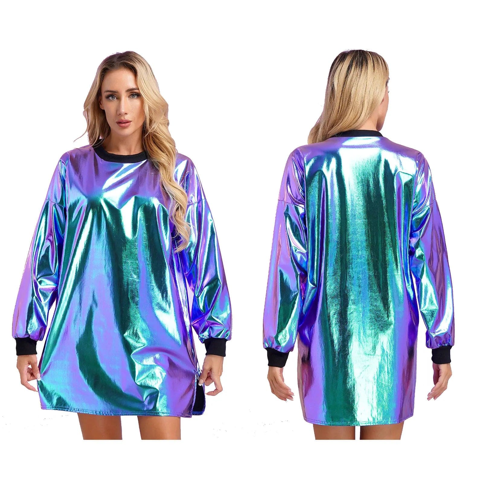 Kinky Cloth Holographic Blue / M Shiny Rib Trims T-Shirt Dress
